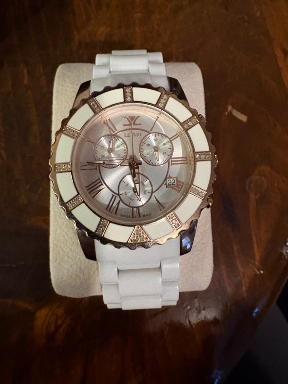 Levian White Ceramic Bracelet Watch with Rose Gold Dial